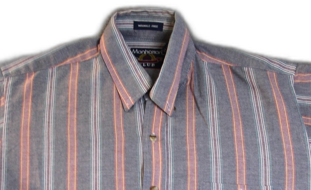 Manhattan Club Shirt Mens L Gray Striped Button Up Short Sleeve Cotton Pockets